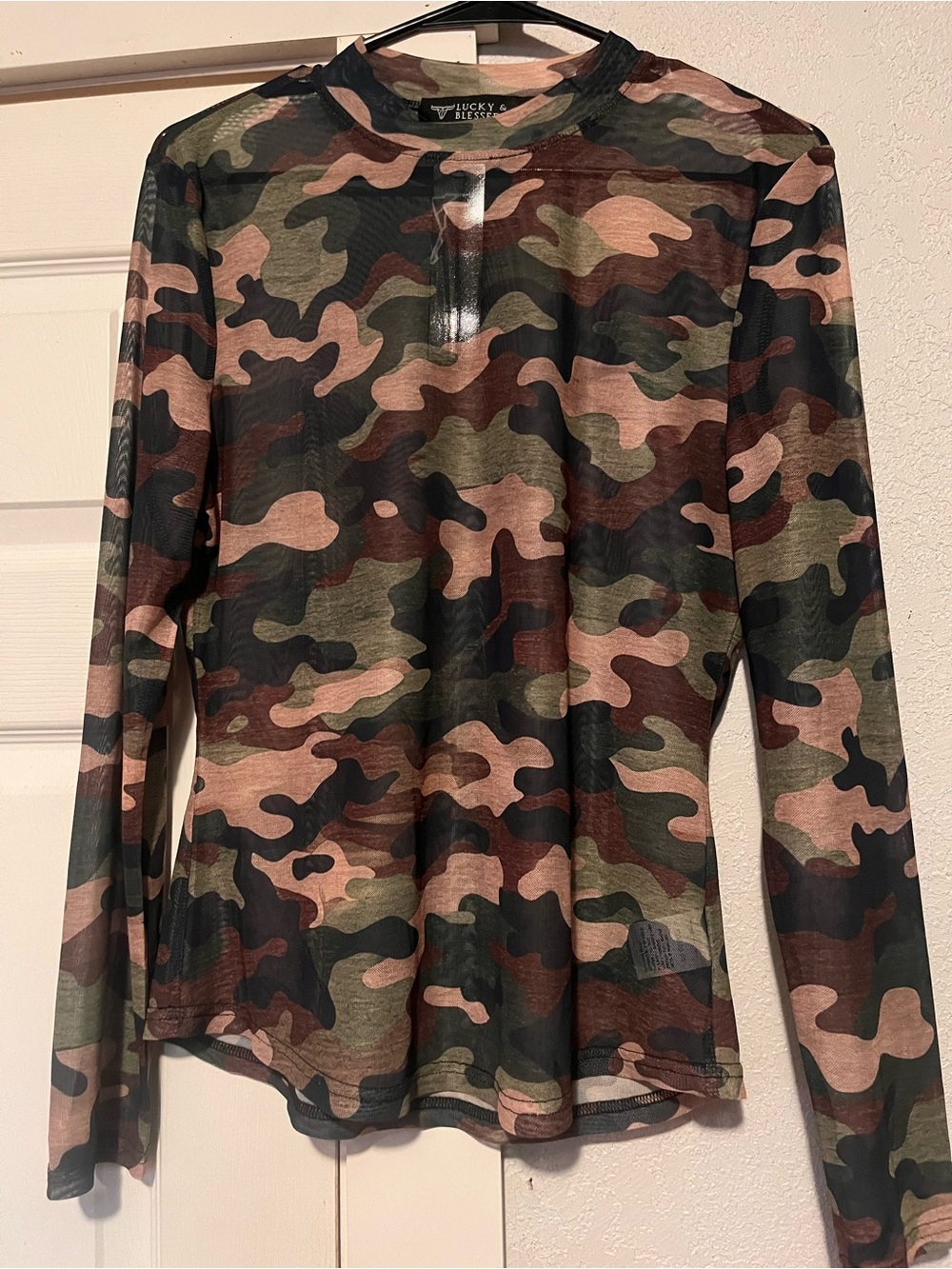 Lucky & Blessed Women's Camouflage Long Sleeve  mesh top